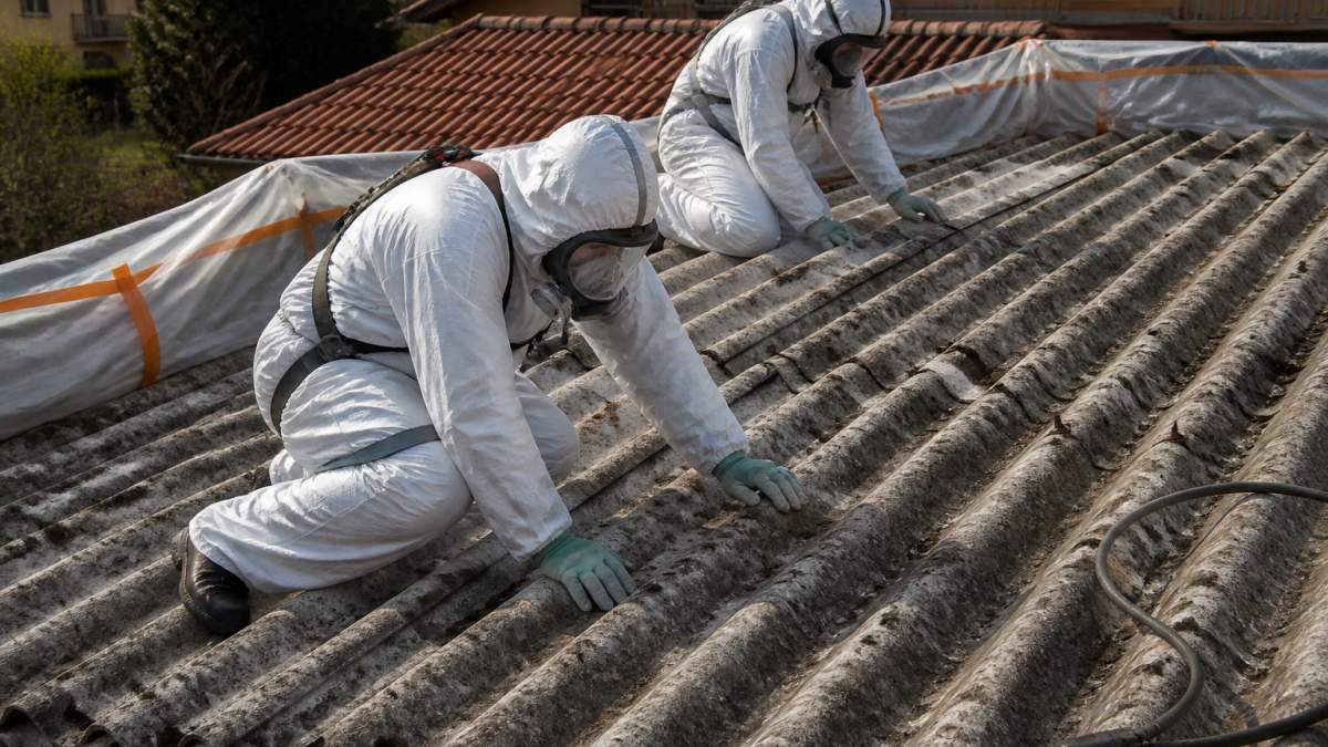 Operai in tuta protettiva ispezionano una copertura in eternit prima della rimozione amianto dal tetto